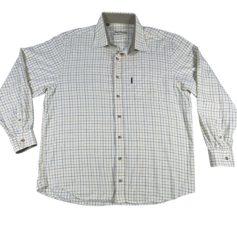 Barbour Button Down Men L Cream Blue Tattersall Shirt Long Sleeve Classic Check